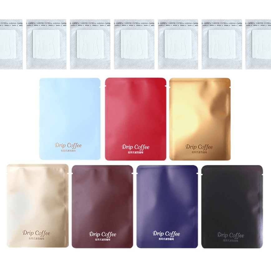 Finished drip coffee bags produced by pre-made bag packaging machine