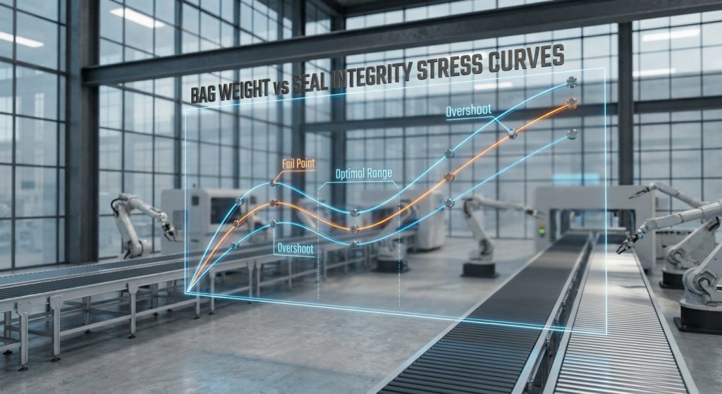 Image Description: A conceptual data visualization overlay on a factory floor, showing a graph of bag weight versus seal integrity stress curves.