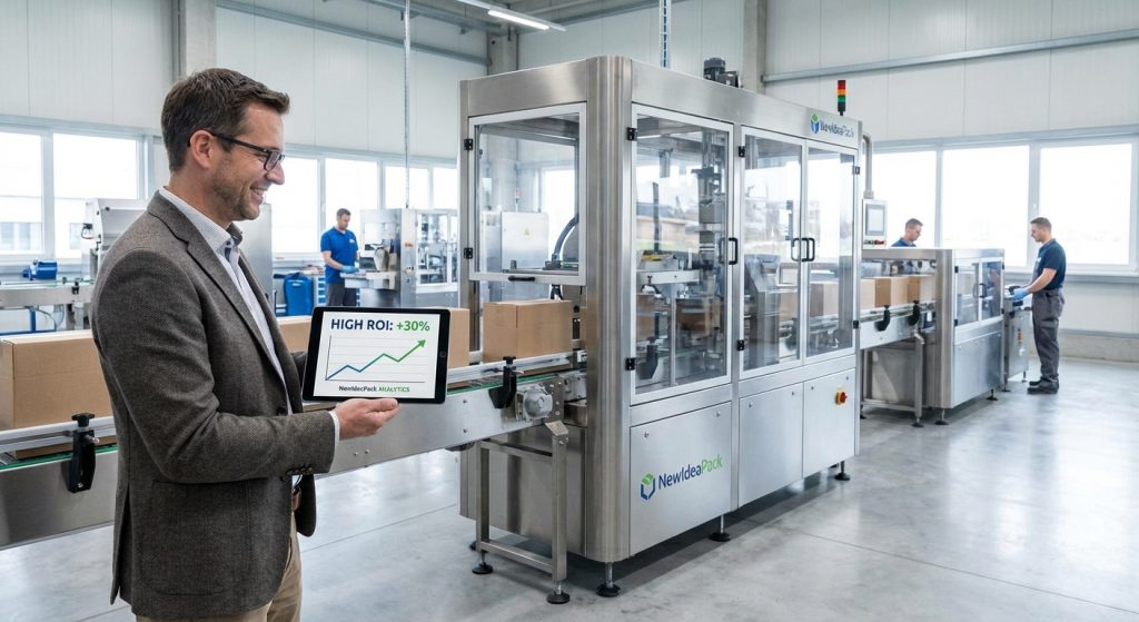 Business owner looking at production ROI on a tablet in a factory