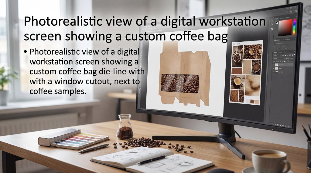 Photorealistic view of a digital workstation screen showing a custom coffee bag die-line with a window cutout, next to coffee samples.