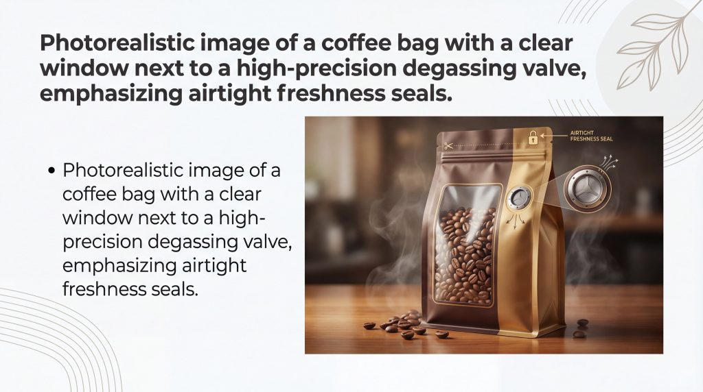 Photorealistic image of a coffee bag with a clear window next to a high-precision degassing valve, emphasizing airtight freshness seals.