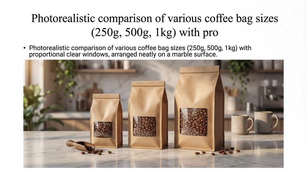 Photorealistic comparison of various coffee bag sizes (250g, 500g, 1kg) with proportional clear windows, arranged neatly on a marble surface.