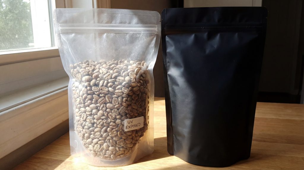 Wide shot of a modern production line where a newideapack machine is injecting nitrogen into coffee pouches just before the final heat seal.