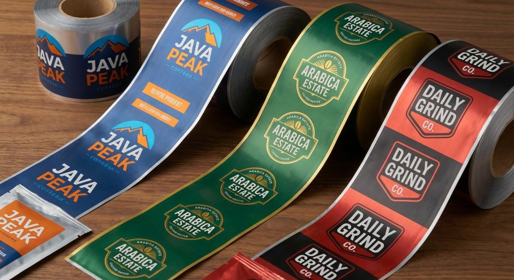 A display of various high barrier packaging film rolls with different metallic finishes