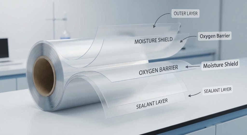 An exploded diagram showing the various layers of a high barrier packaging film