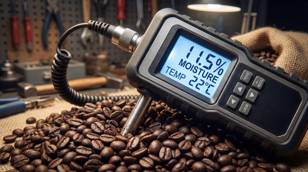 Moisture meter analyzing coffee beans