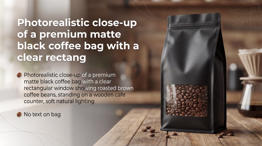 Photorealistic close-up of a premium matte black coffee bag with a clear rectangular window showing roasted brown coffee beans, standing on a wooden cafe counter, soft natural lighting.