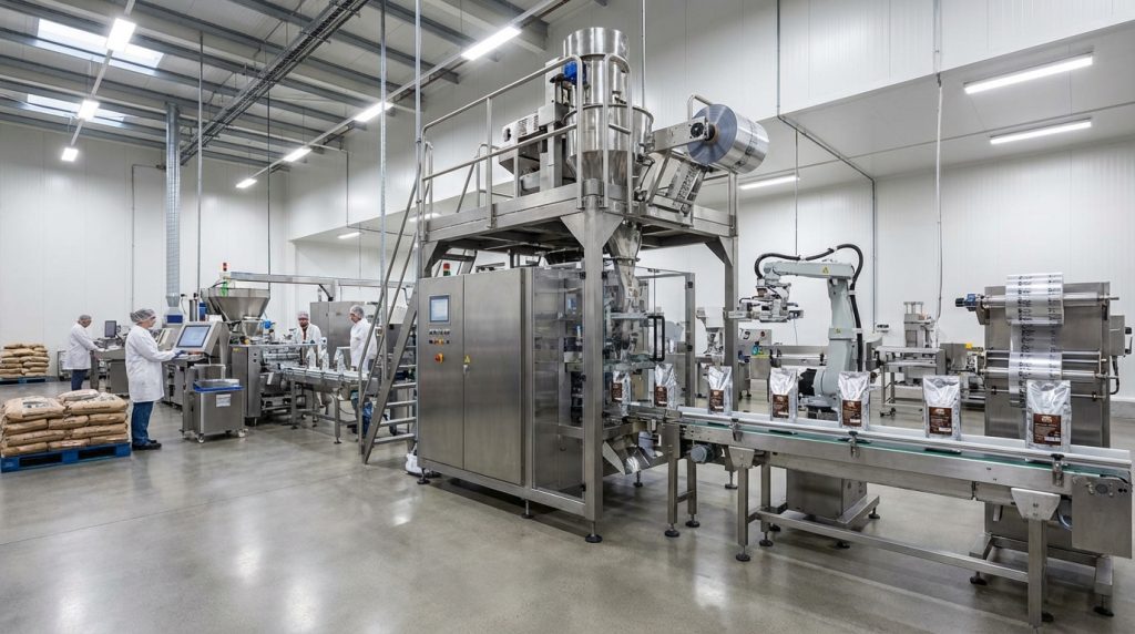 Automated VFFS machine to start coffee business equipment workflows and packaging.