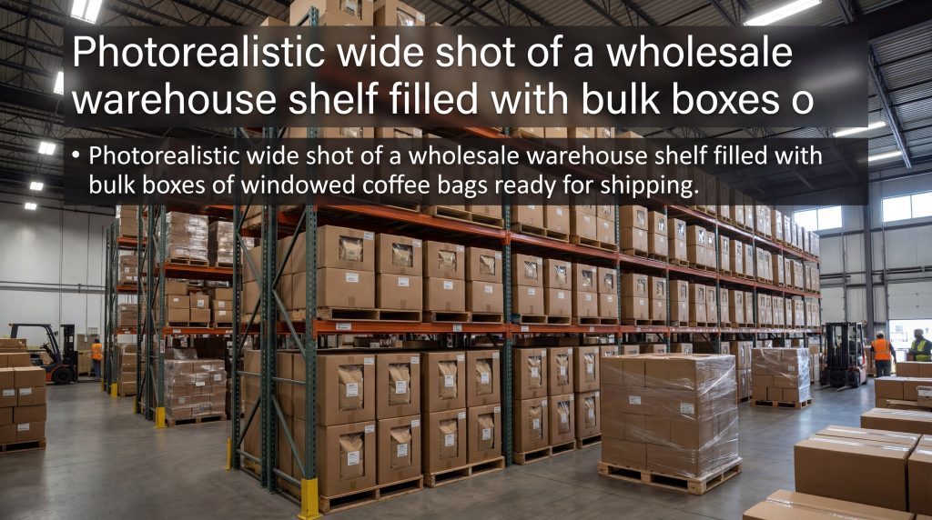 Photorealistic wide shot of a wholesale warehouse shelf filled with bulk boxes of windowed coffee bags ready for shipping.